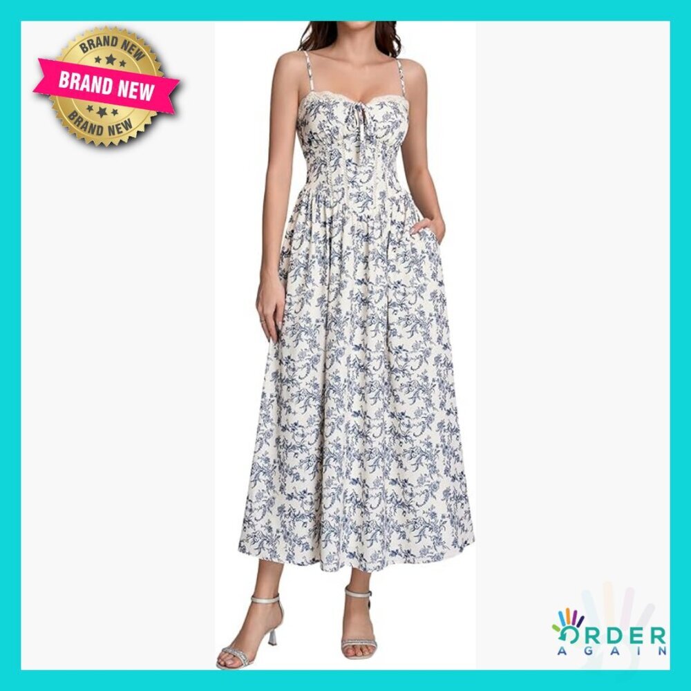 Floral Corset Midi Dress Lace Up Back Sweetheart Neckline Flowy A-Line Sundress